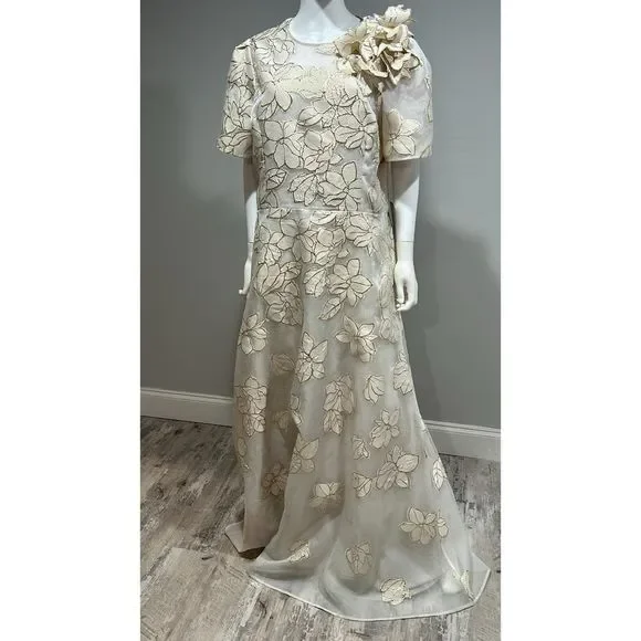 ❌❌ Sold Teri Jon by Rickie Freeman Ivory and Gold Floral Jacquard A-line Gown - Picture 7 of 12